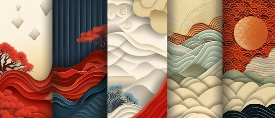 Sticker - Set of Japanese template moderns. Geometric background. Modern gradient abstract cover design in Asian style.