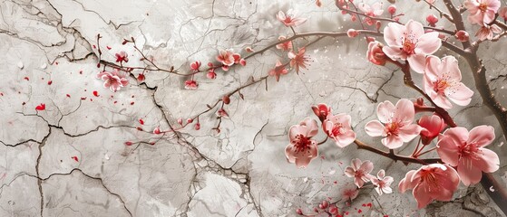 Sticker - A geometric template with a cherry blossom background modern. A Japanese pattern with grunge texture.