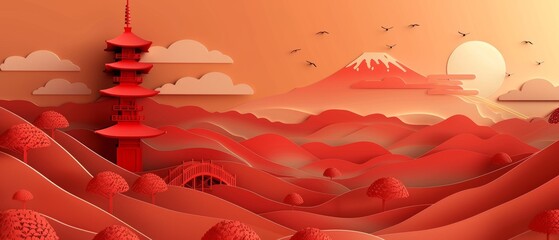 Wall Mural - The Japanese template has a pattern modern. The background is a landscape with Japanese icons.