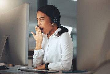 woman, call centre and yawn at night, burnout and secretary or assistant tired in office. female per