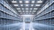 Neat rows of metallic pallet racks bearing the weight of large crates, bathed in brilliant white light that enhances the industrial vibe of the storage facility