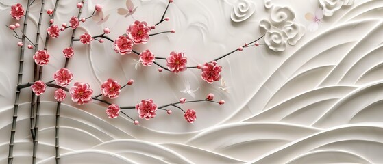 Canvas Print - With cherry blossoms, waves, and bamboos with Japanese patterns, this background has flower and icon elements.