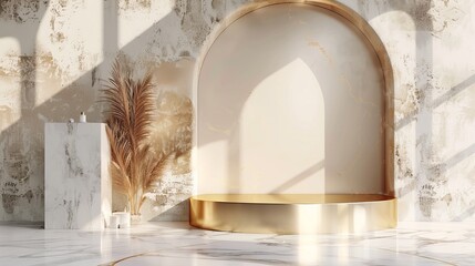 Wall Mural - Luxury podium backdrop for product display. Minimalist gold marble background. 3D render.