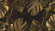 Gold art deco wallpaper. Golden split-leaf Philodendron plant with monstera plant line art on dark background. Modern illustration.