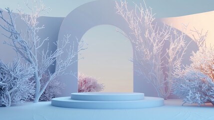 Canvas Print - In this abstract winter scene, geometrical forms are contrasted with a podium with a podium arch, all in natural light. The background is minimalist. The scene has a surreal appearance.