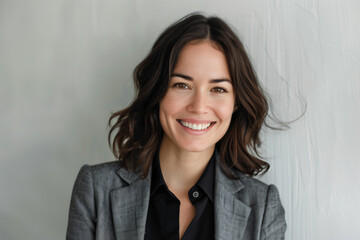 Wall Mural - A woman with a smile on her face is wearing a black shirt and gray jacket