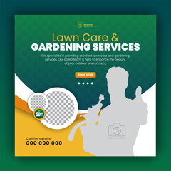 Organic food and agriculture service for social media cover or post design template, modern lawn mower garden, or landscaping service with green gradient background and abstract yellow color shape