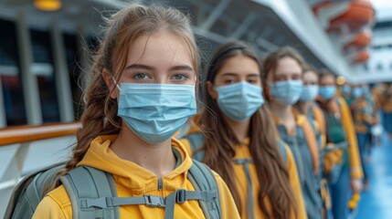 Sticker - Cruise ship deck Illustrate passengers wearing masks while lounging on the deck of a cruise ship and enjoying ocean views