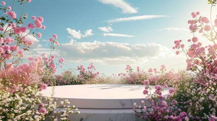 Poster - The natural beauty of a podium backdrop with a spring rose flower field scene is depicted in 3D.