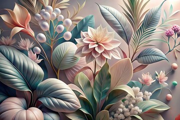  Illustration of flowers and plants in pastel colors. Generative AI