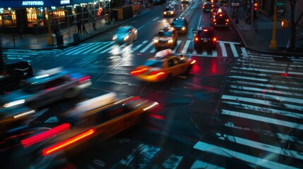 Aufkleber - Blurred motion of vehicles navigating a busy intersection under the cover of darkness