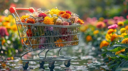 Poster - A shopping cart packed with colorful beauty products and cosmetics, isolated on a glamorous background, representing self-care and personal grooming.