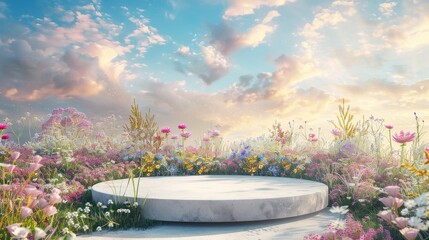 Wall Mural - 3D rendering of natural beauty podium backdrop with spring flower field.