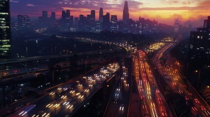 Aufkleber - Bright cityscape with traffic streaming along roads as day transitions into night