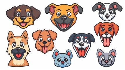 Aufkleber - The cute and smiley dog heads doodle modern set shows different breeds of dogs with flat colors isolated on white background. This illustration makes a great sticker, comic or print.