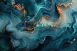 Abstract fluid art background, blue and teal with gold accents. Created with Ai