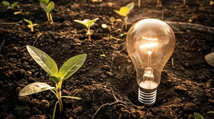 Aufkleber - Light bulb sits on soil, and plant grows out of it. Renewable energy generation and alternatives to fossil fuels are essential for the future. Green energy development is essential.