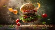 Hamburger volant avec éclaboussures et ingrédients, sur une table en bois, publicité alimentaire.