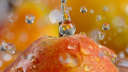 Aufkleber - Close-up of a crystal-clear water droplet about to fall from a ripe pear