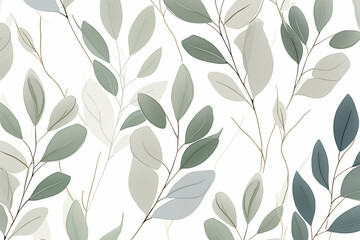 Wall Mural - An abstract of foliage line art vector on white background, sage green eucalyptus leaf in hand drawn pattern for fabric