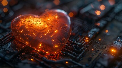 Aufkleber - Heart glowing digitally in a futuristic style. 3D model with board texture and postcard symbolizing technology assistance and charity.