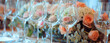 Bouquet of roses on a bar counter Empty wine glasses are standing on a table covered with tablecloth, there are white flowers on the background.
