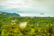 Overlooking the verdant canopy, with mist rising among the trees and the Pacific Ocean in the distance, under a soft cloudy sky. High quality photo. Uvita Puntarenas Province Costa Rica
