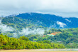 Dramatic coastal scene with mist over a tropical beach, fringed by dense palm trees and backed by mountains under a cloudy sky. High quality photo. Uvita Puntarenas Province Costa Rica