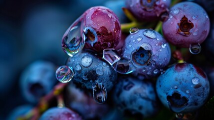 Aufkleber - Macro photograph of a translucent water droplet clinging to a cluster of blueberries