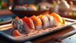 plate of sushi composed with bright, contrasting colors