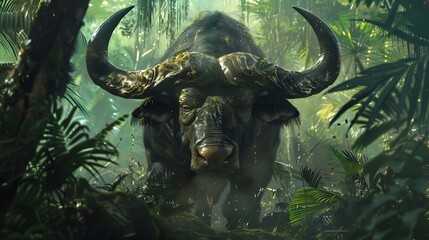 Imagine nature wildlife, close-up of a giant buffalo standing face to face in a tropical rainforest.