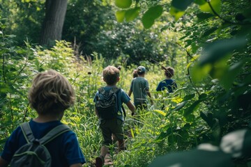 Group of kids walking in the forest. Selective focus. Kid.