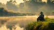 Serene scene of a fisherman patiently waiting with a fishing rod by the riverbank