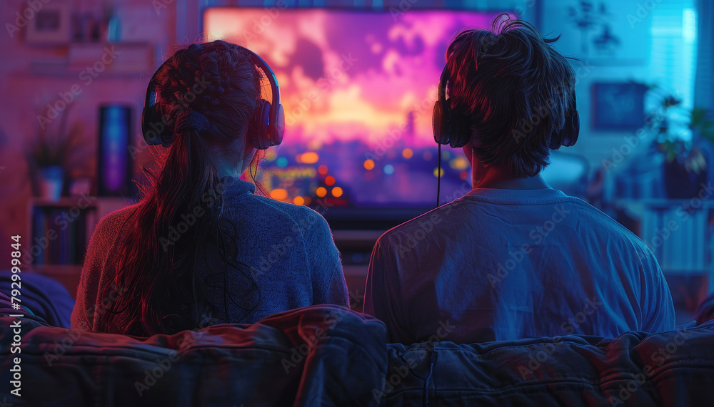 Two people are sitting on a couch watching a video game by AI generated ...