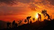 Sunset silhouette of workers planting trees, symbolizing a brighter future for the planet