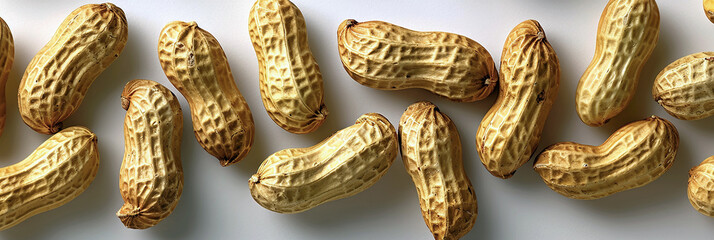 Wall Mural - Wide panoramic wallpaper banner, macro closeup photograph of peanuts on white background mockup