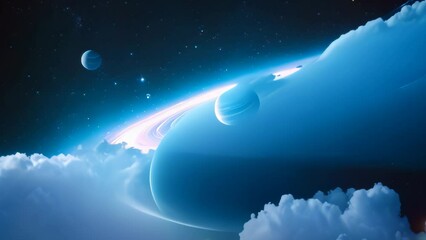 Wall Mural - Video animation of  space scene with a large celestial body resembling a planet taking up the left side of the frame.