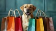 Ecstatic canine amidst vibrant shopping bags captures the joy of a successful shopping spree. Concept Canine Photoshoot, Shopping Bags, Joyful Dog Portraits, Colorful Props, Successful Shopping Spree