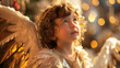Child dressed as an angel in a nativity play, wearing a shimmering costume with golden wings, capturing the innocence and joy of the role.