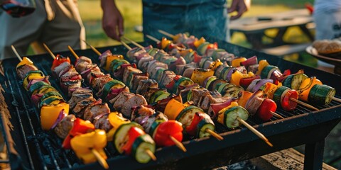 A cookout scene with skewers of grilled vegetables and meat for Memorial Day. Stock photo --ar 2:1 --style raw Job ID: 6b601582-a1d0-48c6-8e5d-9385406ecae9