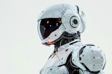 White cyborg robot dressed in a white cyberpunk futuristic racing suit, the robot wears a white futuristic helmet, plain white background