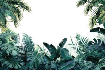 Mysterious depths of a dense jungle, alive with the calls of exotic creatures hidden among the foliage, isolated on pure white background.