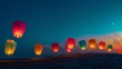 Enchanting night sky illuminated by floating lanterns under crescent moon