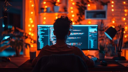 A man sits at his computer desk in the dark. The only light comes from the computer screen and the fairy lights in the background.