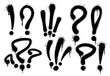 question and exclamation mark black graffiti spray paint pattern. Spray set elements interrogation FAQ icon drips texture wall street art. Isolated background decoration vector illustration 