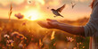 Woman hands praying and free bird enjoying nature on sunset background, hope and faith concept-AI generated image 