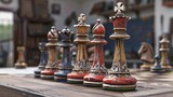Fototapeta Młodzieżowe - Chess pieces as hobby tools in a grand war strategy game, detailed, realistic artwork
