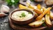 Bowl of mayonnaise with dipped potato wedge on wooden board, closeup