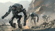 Sci-fi battle scene featuring robotic soldiers in a desolate, war-torn landscape, highlighting intense action and futuristic warfare technology.