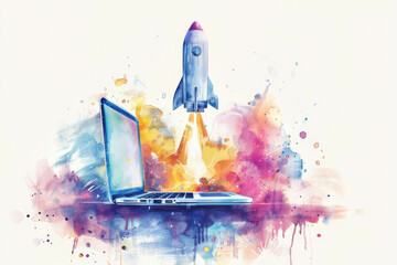 Wall Mural - rocket coming out of a computer, watercolor style